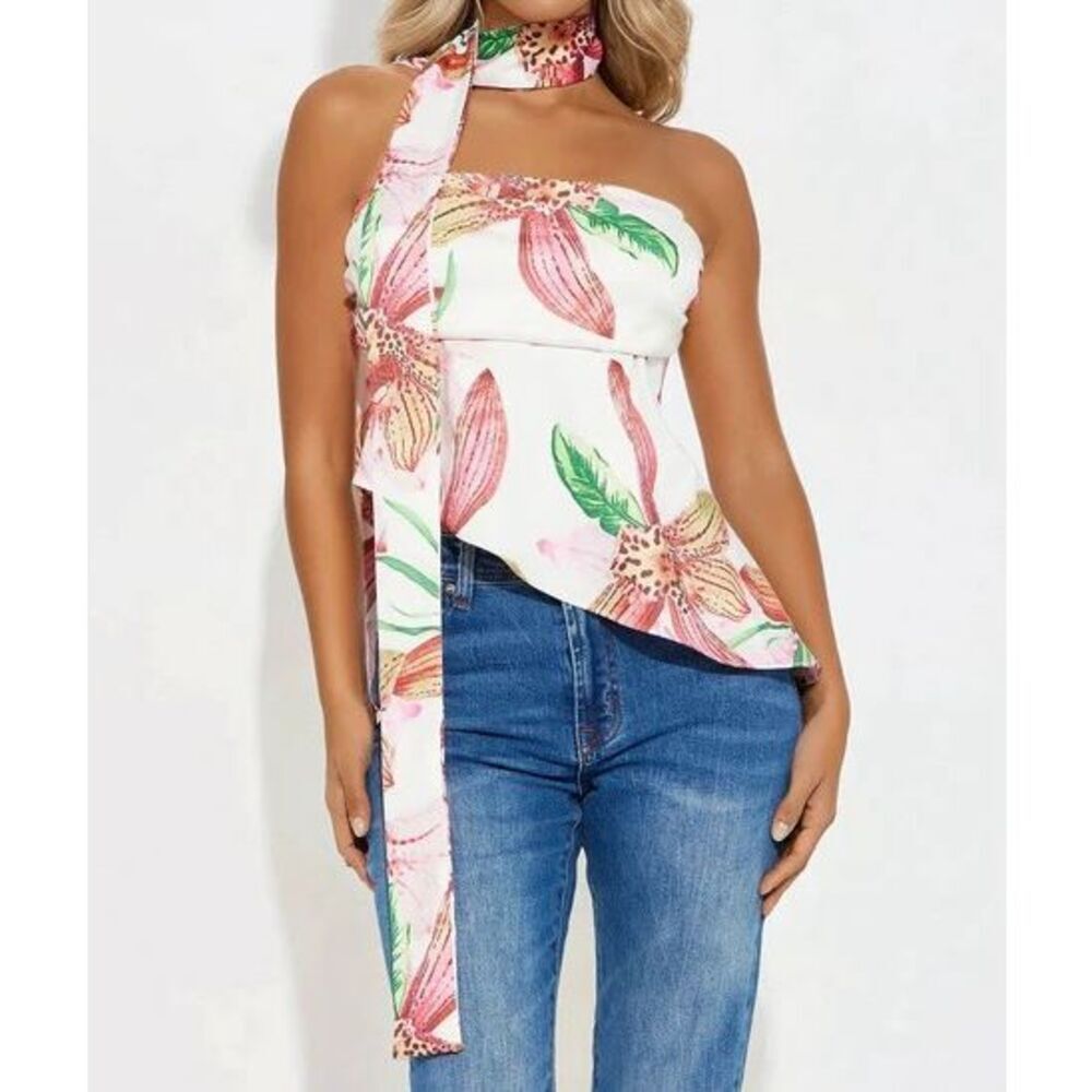 Lilies Strapless Neck Tie Floral Top - White/combo